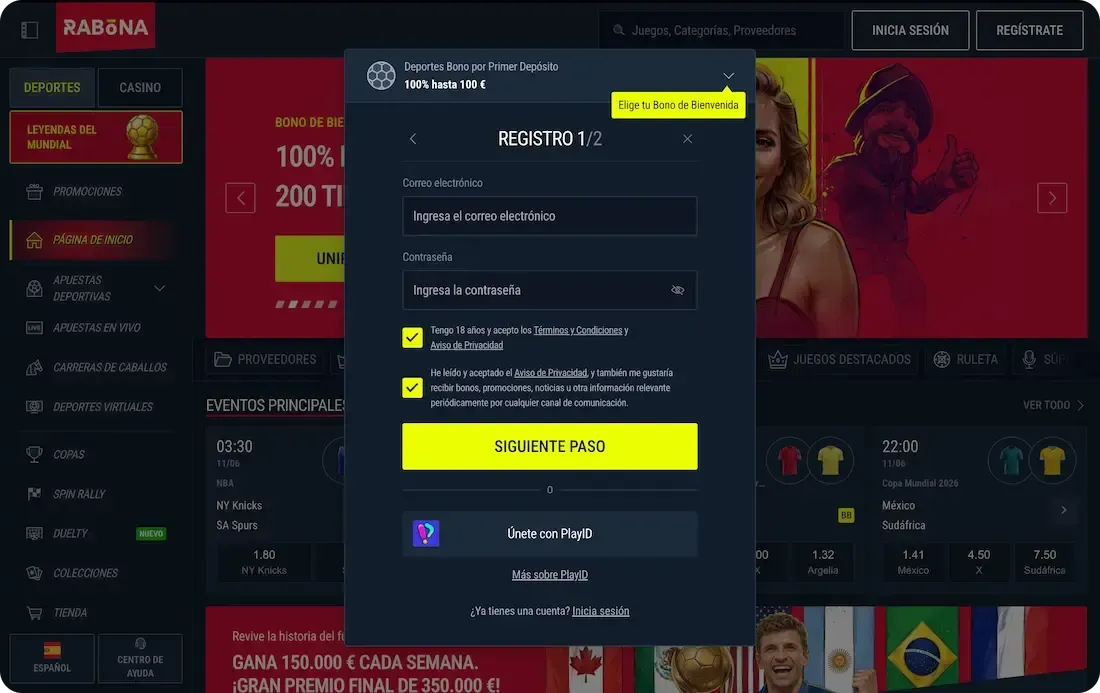 registro en el casino rabona